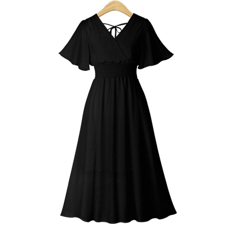 Vestidos Short Sleeve Plus Size Female Chiffon Dress Summer Backless V-Neck White Black Pink Apricot Midi 5080 50 210510