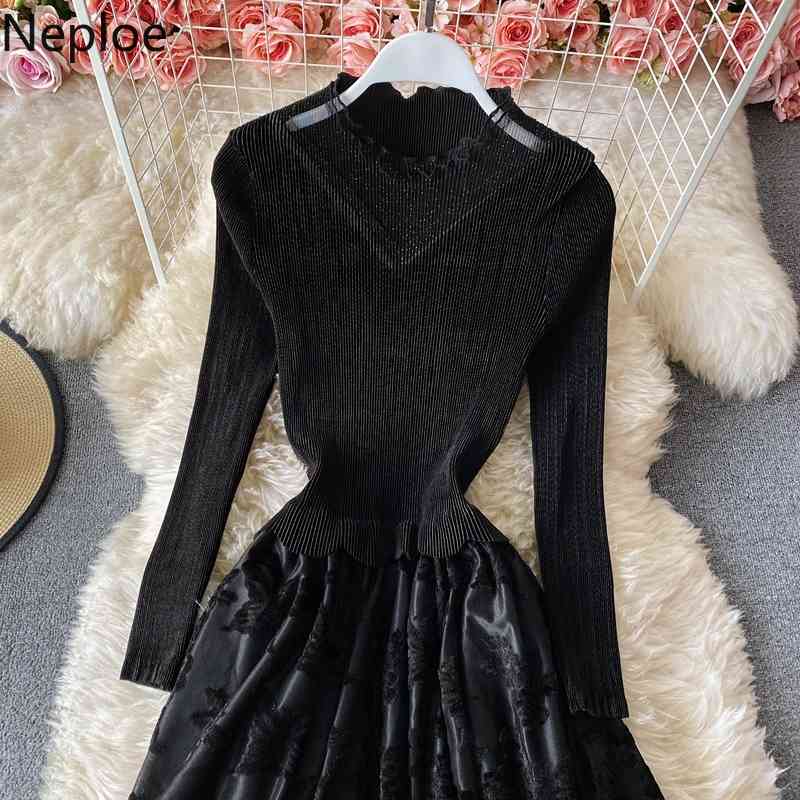 Neploe Maxi Dresses Women Temperament Slim Waist Ruffles Vestidos Stand Neck Big Swing Chic Velvet Elegant Robe Dress 4G996 210422