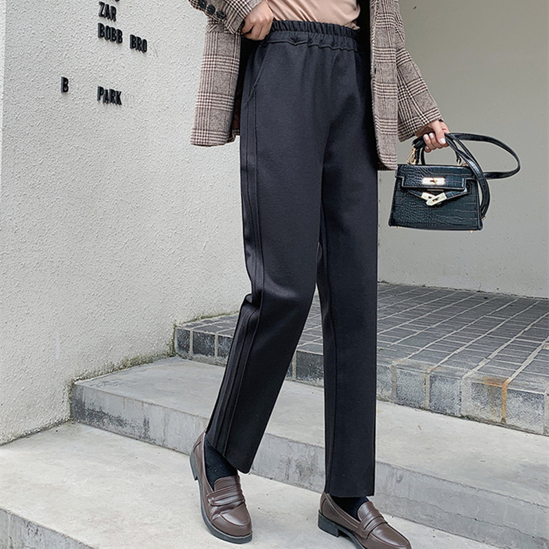 OL Casual High Waist Straight Pants Women Bottoms Autumn Winter Woolen Solid Thick Warm Loose Trousers 210421