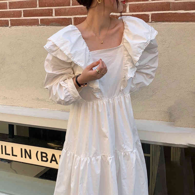 Nomikuma Korean Sweet Double Ruffle Dresses Vintage Square Collar Puff Long Sleeve Vestidos Spring New Women Dress 6E196 210427