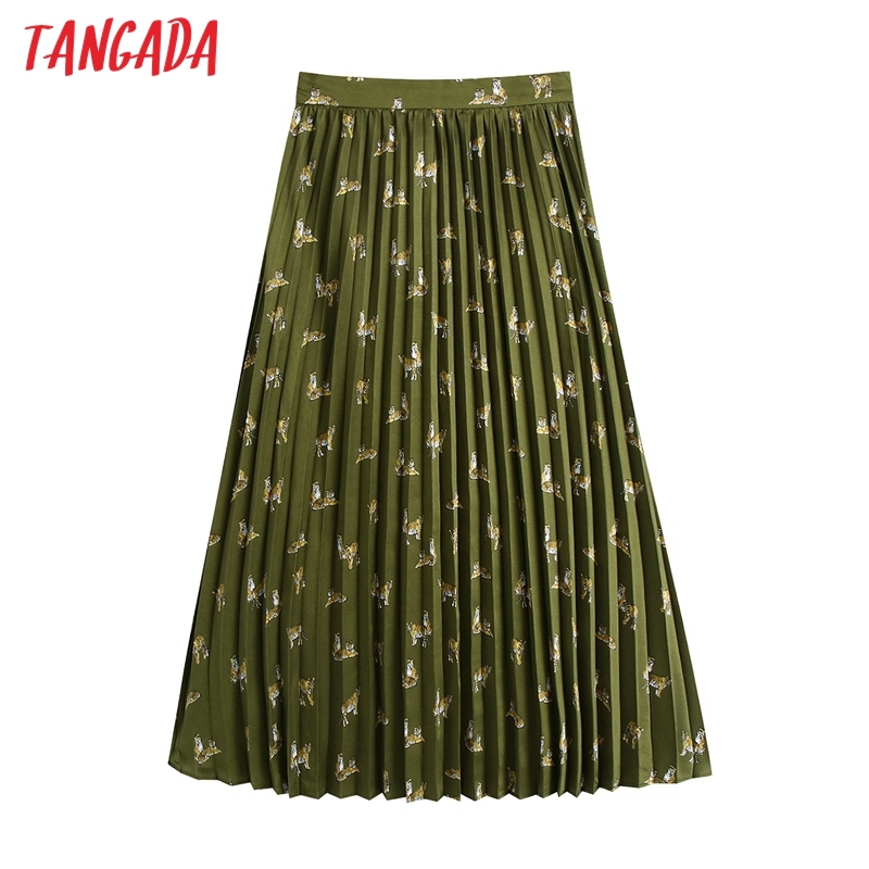 Women Print Green Pleated Midi Skirt Faldas Mujer Vintage Side Zipper Office Ladies Elegant Chic Mid Calf Skirts BE426 210416
