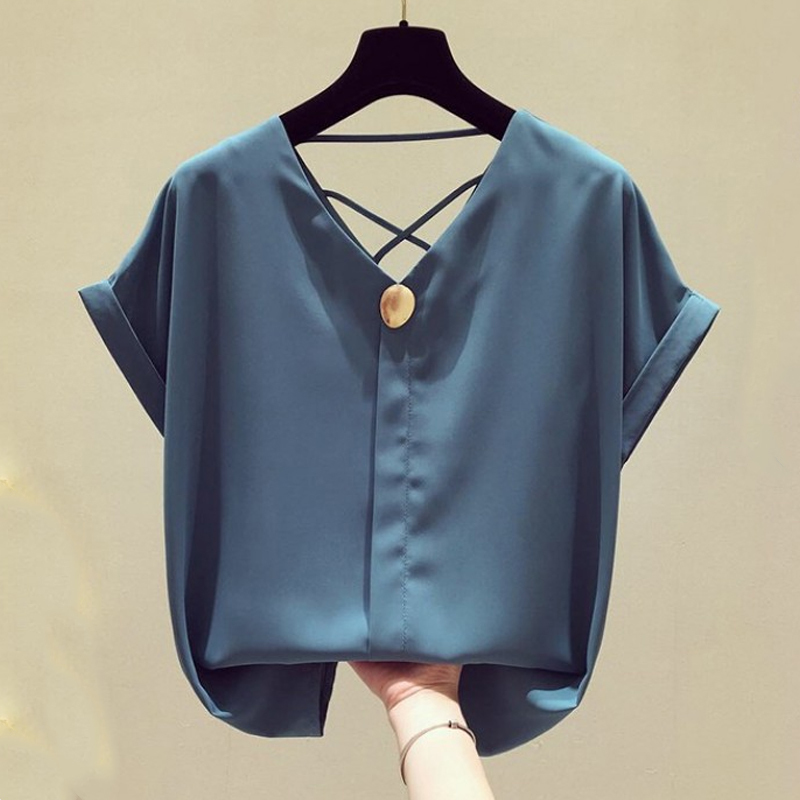 Summer Korean Solid V-neck Chiffon Blouse Blusas Mujer De Moda Short Sleeve Shirts For Women OL Clothes Blusa 9306 50 210415