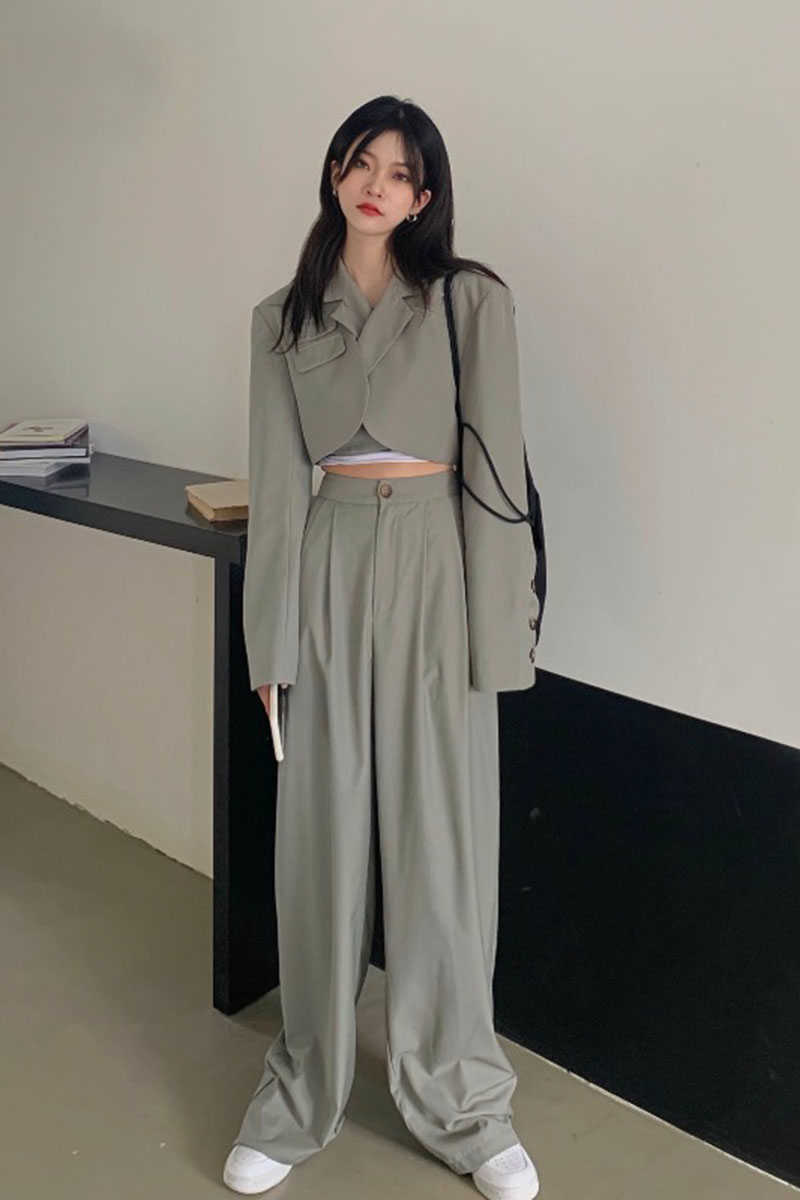 Fashion Casual Style Women Suit Autumn Black Street Suit Short Small Jacket Coat Sweet Elegant Lady Girl Pant Suit 211007