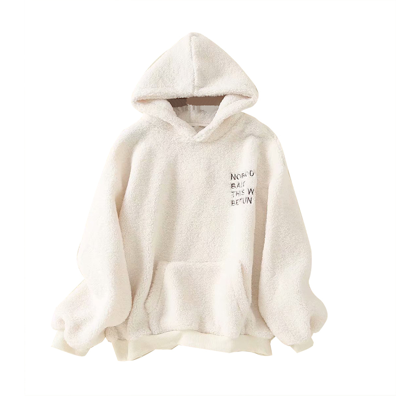 Women Loose Casual Teddy Hoodies Winter Warm Long Sleeve Hooded Sweatshirt Tops Letters Pocket Fleece Pullover 210515