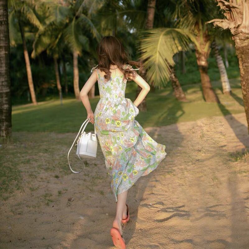 Summer French Elegant Spaghetti Strap Dress Women Floral Midi Dress Female Sweet Party Evening Beach Dress Korea 210521