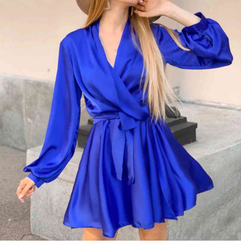 Sexy Satin Sashes A Line Mini Dress Lantern Sleeve Elegant Party Dress Autumn Fashion Women's Clothing Streetwear Vestidos 210409