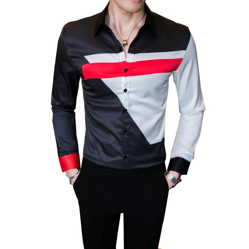 Social Guy Casual Slim Autumn Printing Embroidery Long-sleev Men's Fashion Temperament Inch Shirt Shirts