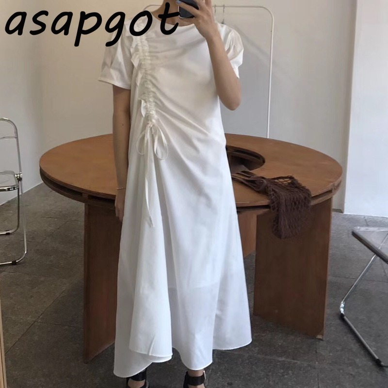 Chic Korean Gentle Loose O Neck Blue Fungus Drawstring Irregular Shirt Dress Women Short Sleeve Casual Summer White Vestido 210429