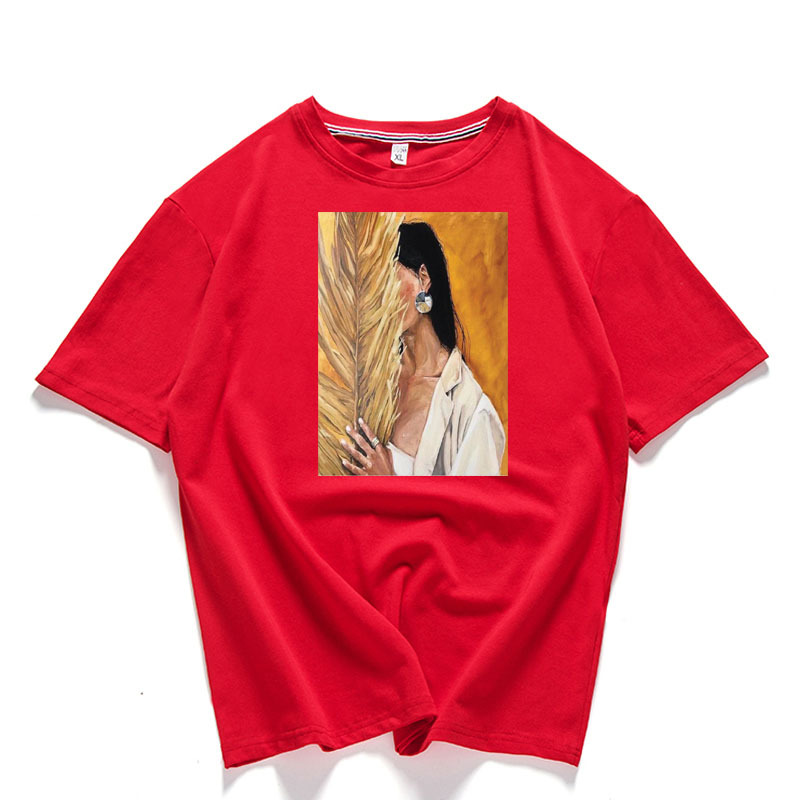 Harajuku Portrait Printed Women's T-shirt Side Face Women Wear Earring Short Sleeve Round Neck Female Tee Shirts Chic Tops 210507