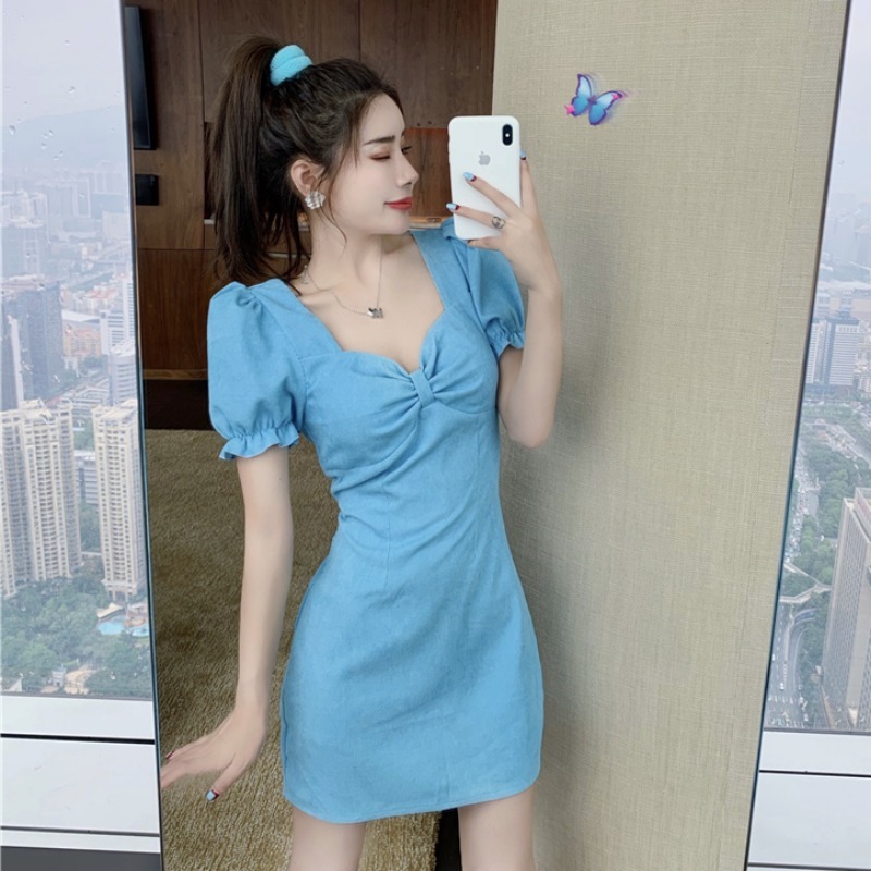 Dresses Summer Retro Fashion Chic Temperament Square Neck Puff Sleeve Wrap Hip Purple Dress Women Mini Vestido De Mujer Sexy 210429