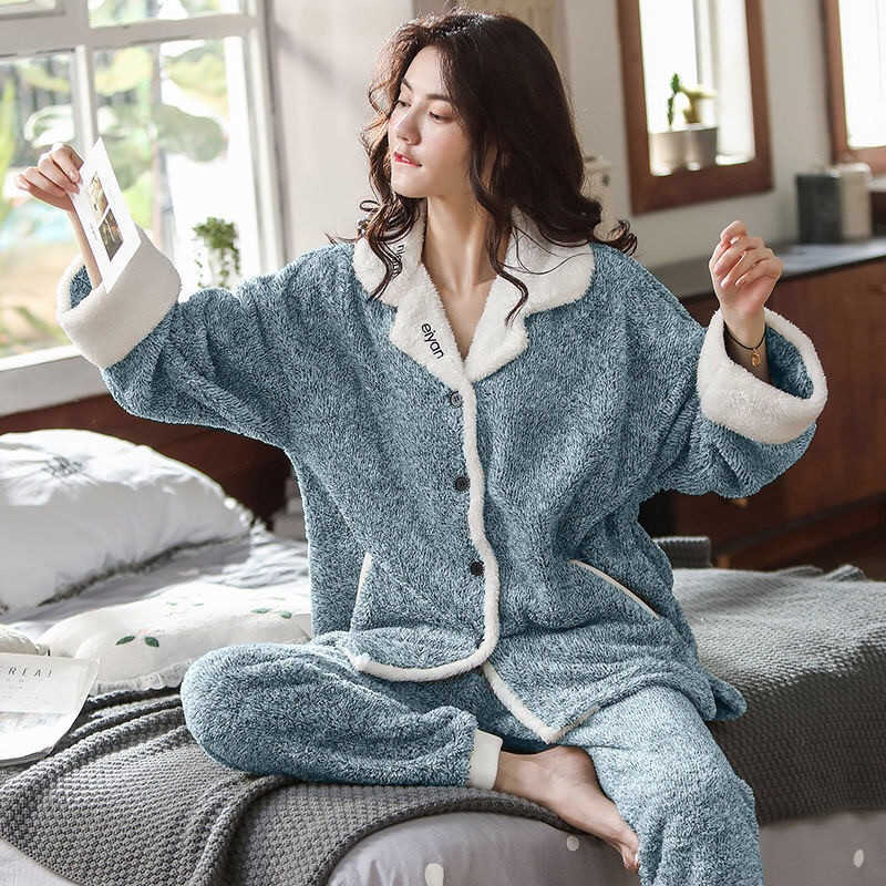 2 Pieces Winter Women Pajamas Set Thicken Warm Soft Flannel Sleepwear Lapel Buttons Female Homewear Plus Size Pyjamas 211007