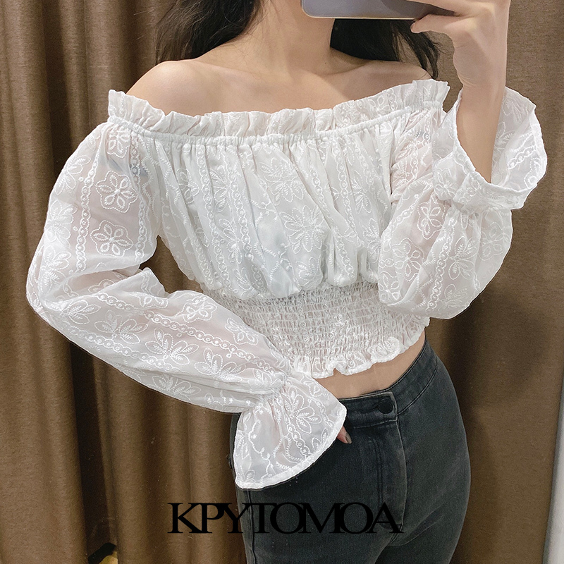 Women Sweet Fashion Embroidery Organza Cropped Blouses Long Sleeve Elastic Hem Female Shirts Chic Tops 210420