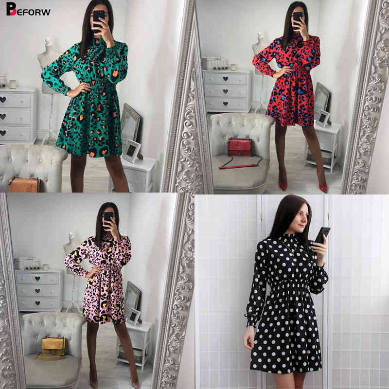 BEFORW Fashion Leopard Print Party Dresses Elegant vintage Polka Dot Dress Women Sexy Club Mini Dress Female Vestidos 210409