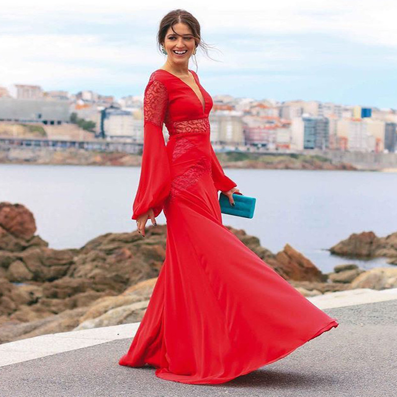 Women Dress Deep V Neck Long Sleeve Bohemia Sexy Hollow Out Maxi es High Waisted Backless Vintage es 210524