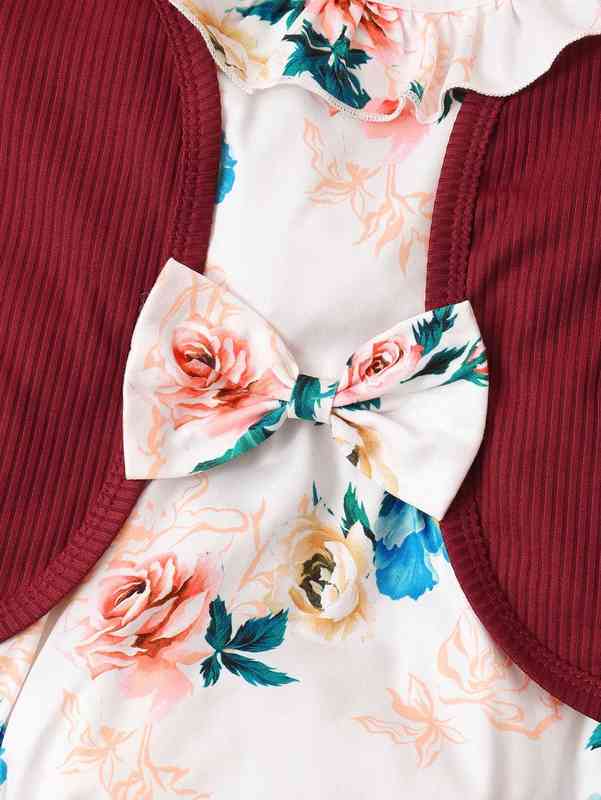 Baby Open Front Coat & Floral Print Ruffle Trim Bodysuit SHE