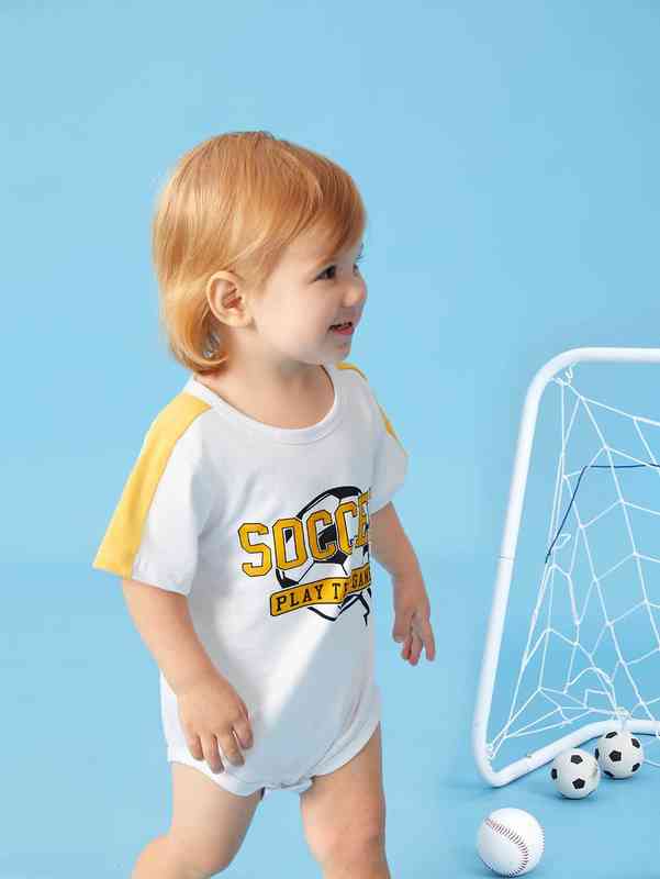Baby Slogan & Soccer Print Contrast Side Seam Bodysuit SHE