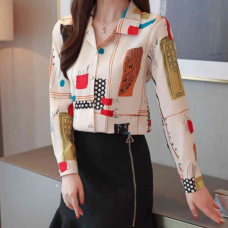 Long Sleeve Printed Blouse Women Shirt Casual Loose Cardigan Vintage Chiffon Tops Chemisier Femme 7106 50 210508