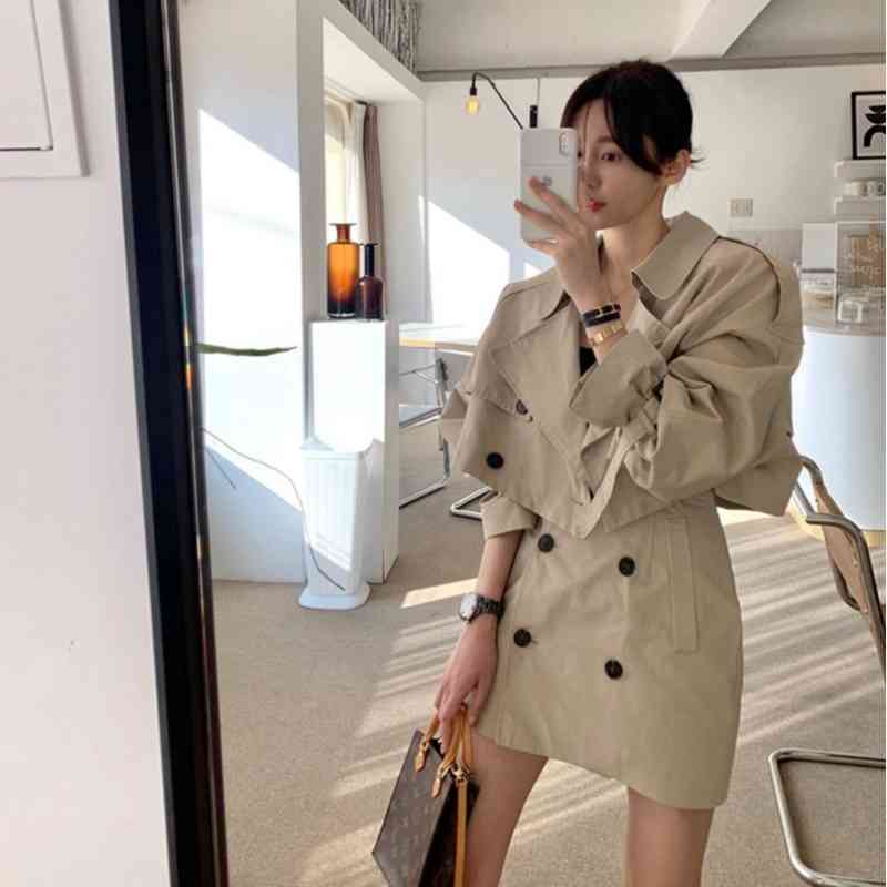 Office Lady Temperament Big Lapel Double Breasted Trench Jacket Short + Wrap Hip Mini Skirts Casual Vintage Sets Fashion Korean 210429
