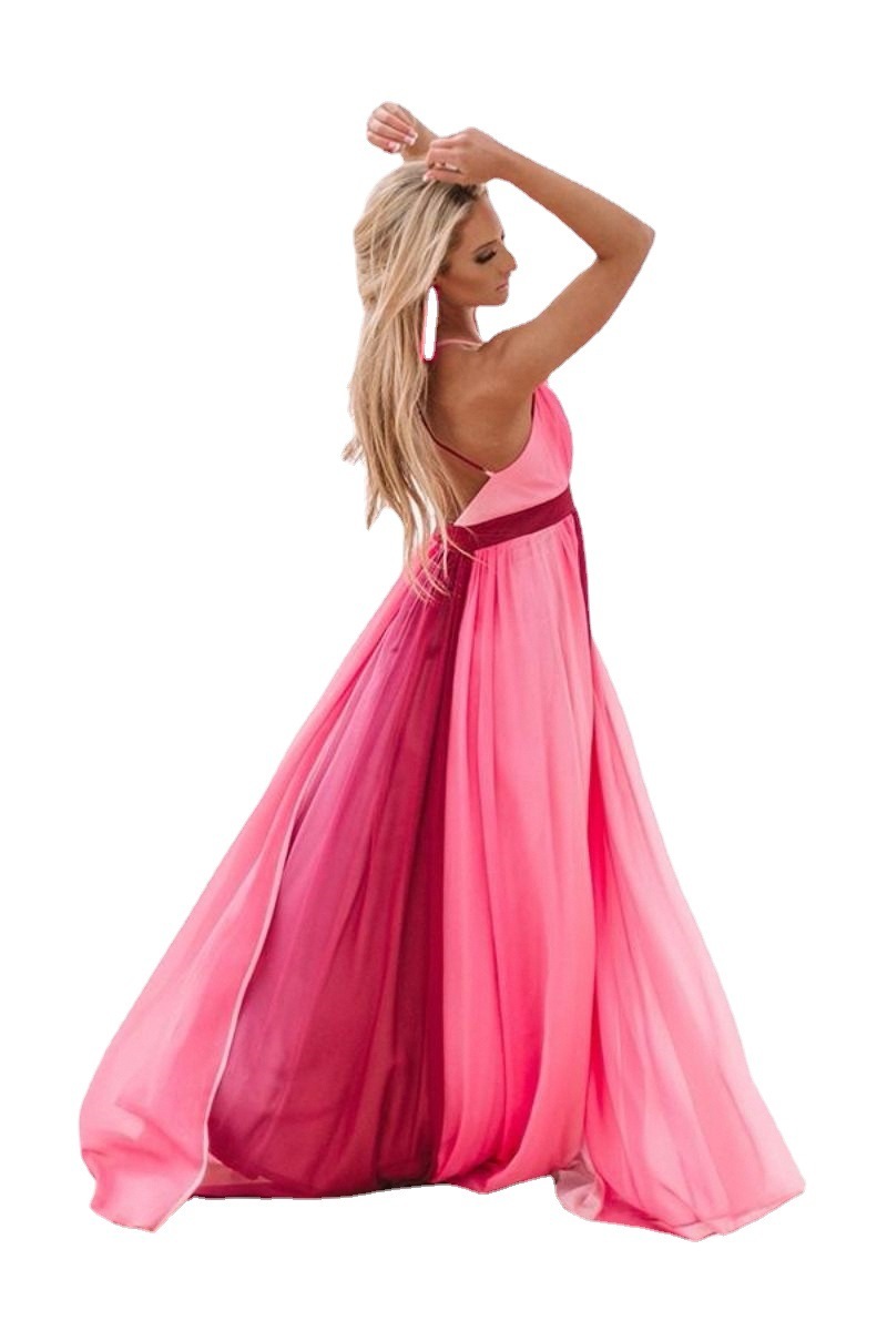 Women Dress Pink Patchwork Deep V Neck Bohemia Sexy Long Backless Spaghetti Strap Maxi es Plus Size 210513