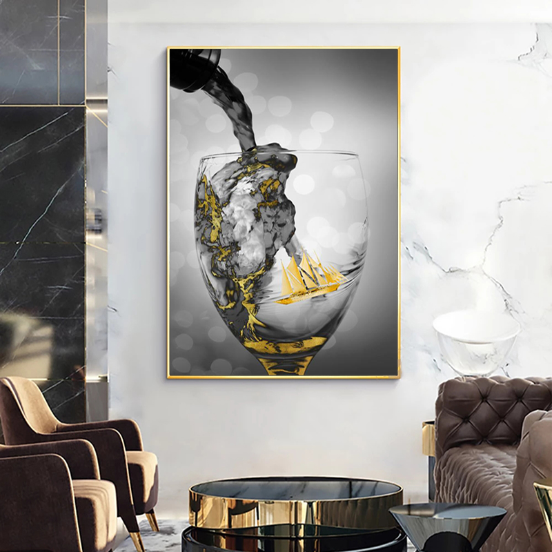 Wine Glass Cups Poster Golden Canvas Painting Abstract Boat Cuadros Wall Art Pictures For Living Room Modern Home Decor No Frame