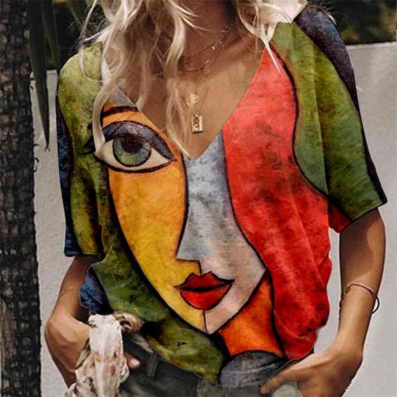Fashion Women's T-Shirt Abstract Human Face Printed Short Sleeve V-Neck Loose Tops y2k Summer Casual Ladies Top Tee 210708, As shown
Fashion Women's T-Shirt Abstract Human Face Printed Short Sleeve V-Neck Loose Tops y2k Summer Casual Ladies Top Tee 210708, As shown