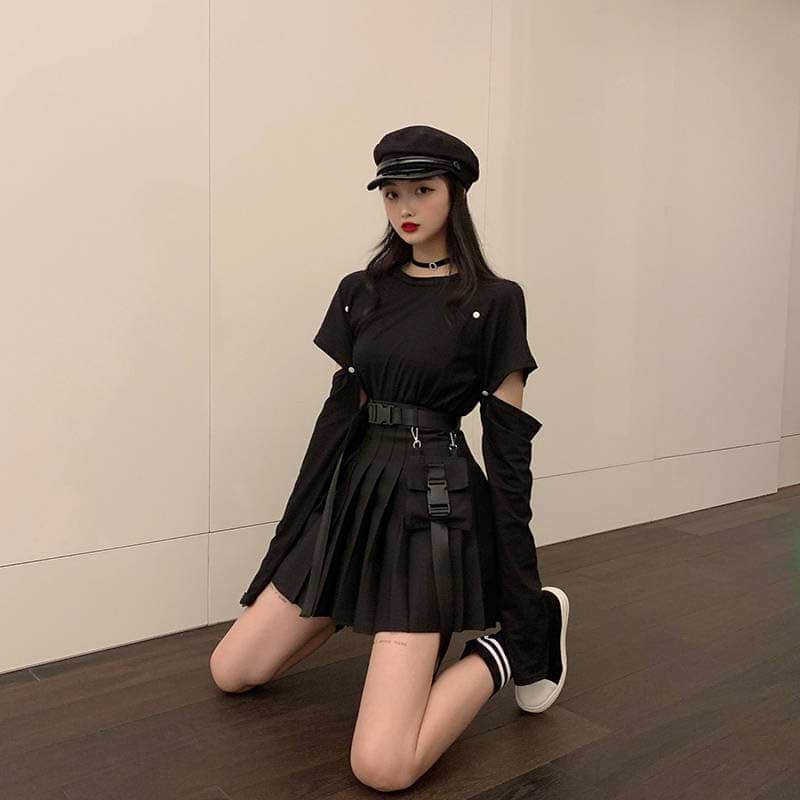 two piece set women Retro Hong Kong style disassembly long-sleeved T-shirt top + pleated skirt fashion summer suit 210526