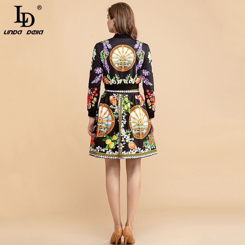 Summer Fashion Skirt Suit Women Elegant Black Jackets and Lemon Flower Print Vintage Mini Skirts 2 Piece Set 210522