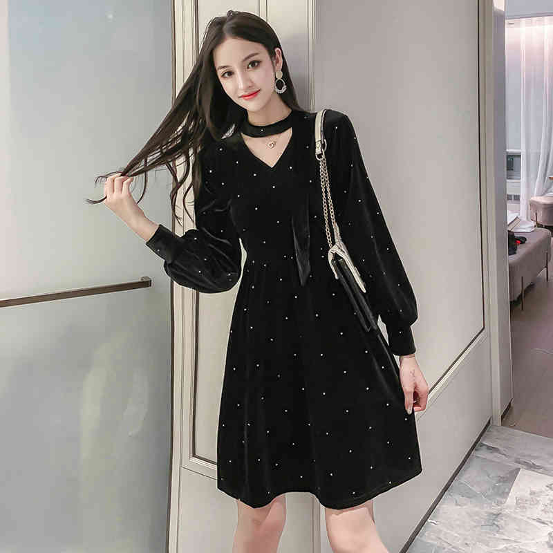 Autumn Velvet Spring Girls Female Vintage Dress Long Sleeve Oversize Women Dresses Black sexy Boho Robe Vestido 210417Z