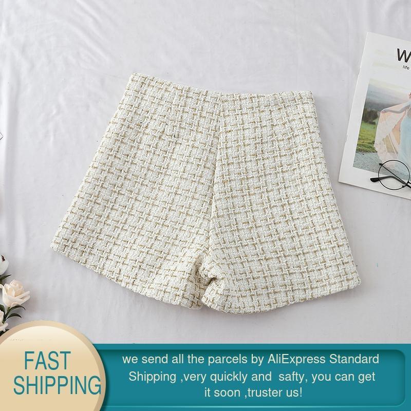 Plaid Shorts Women Outside Autumn Spring Double-breast Braided High Waist Wide Legs Black White Causal Womens 210428