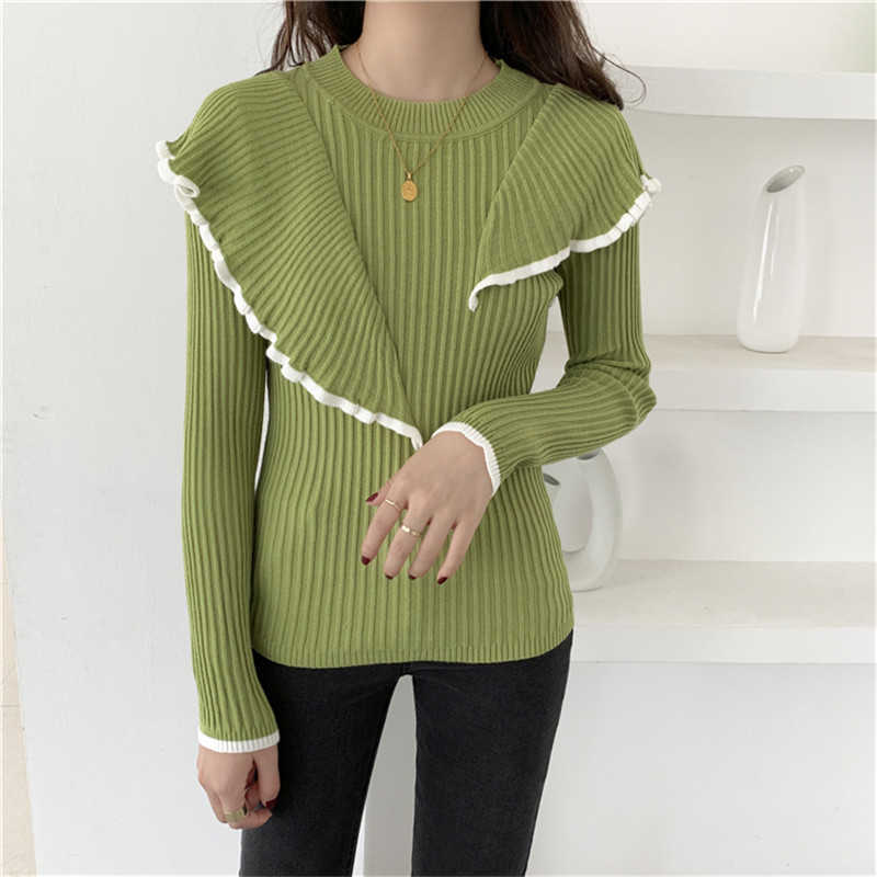 HziriP OL Basic Bottoming Knit Sweater Korean Style Flounced Stitching Pullover Sweaters Slim Warm Thick Knitted Tops 211018
