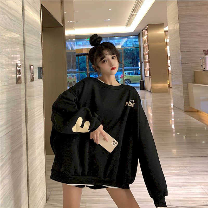 Plus Size Women's Sweatshirt Comic Print Korean Version Loose Belly Covering Velvet Thick Oversize Personality O-neck top 210526