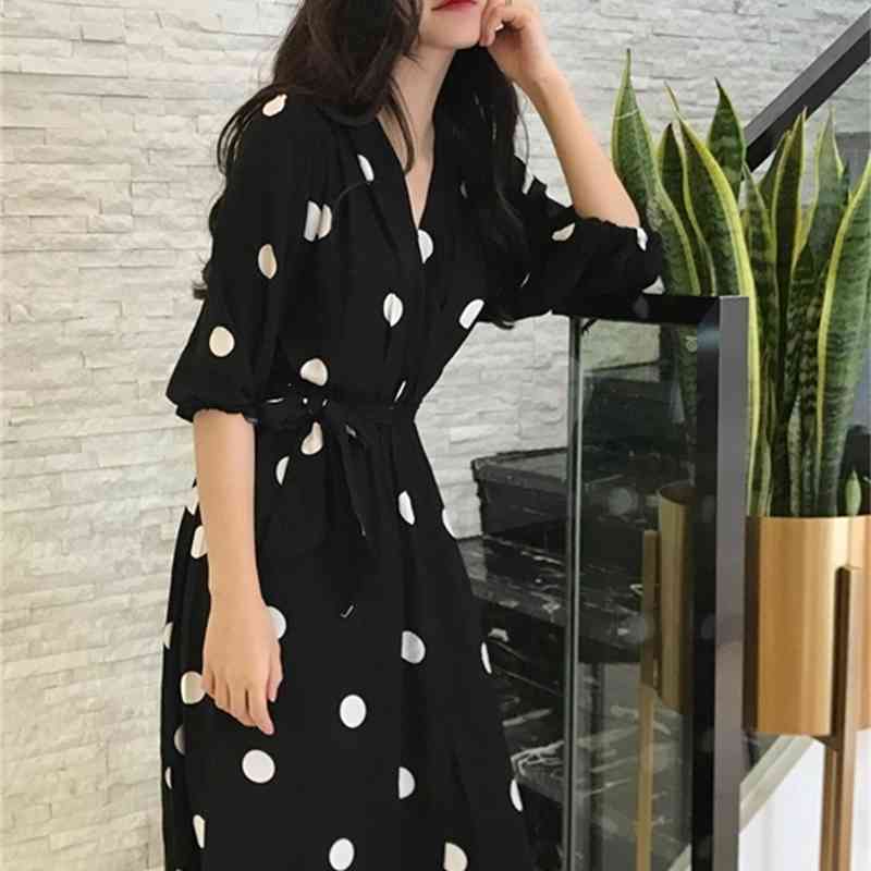 Fashion V-neck Ladies Long Dress Casual Half Sleeve Dot Dress Female New Dresses SuperAen Summer Women's Dress Korean Style 210331