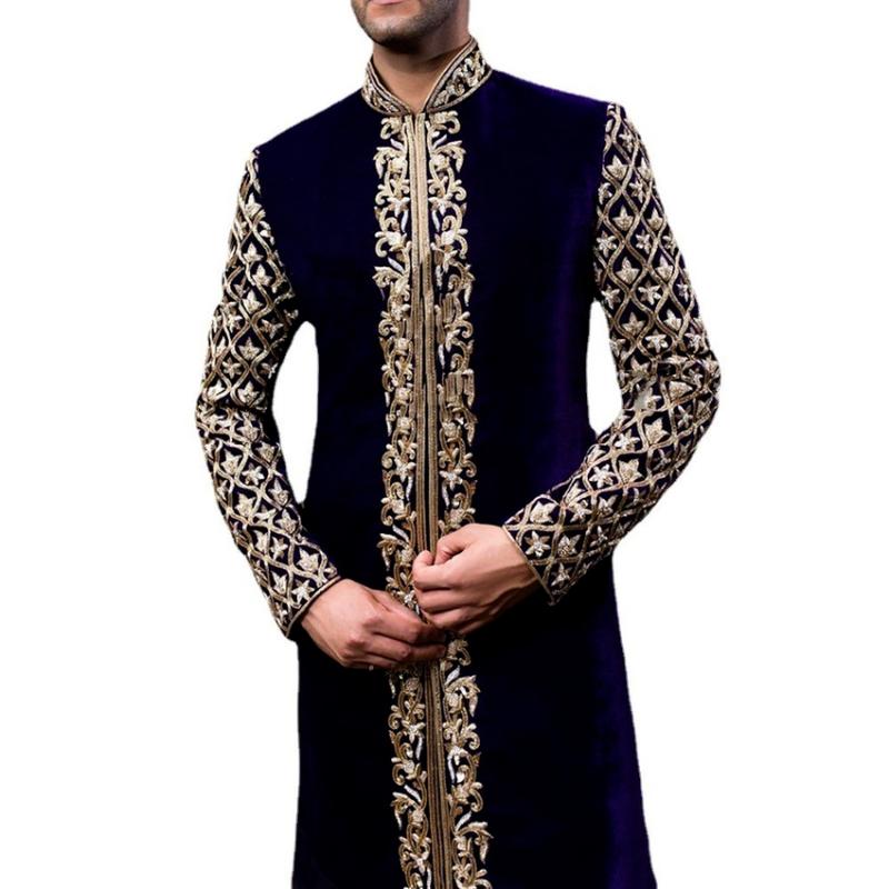Ethnic Clothing Muslim Fashion Arab Men's Jubba Thobe Kaftan Dress Stand Collar Gold Print Gentle Islamic Male Abaya 2021 Caftan