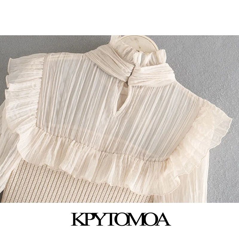 Women Fashion Organza Patchwork Ruffled Knitted Sweater High Neck With Bow Tied Female Shirts Chic Tops 210420