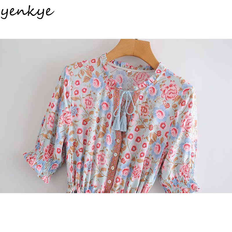 YENKYE Vintage Floral Print Boho Long Dress Women Lace Up V Neck Drawstring Waist A-line Casual Holiday Summer Dress Plus Size 210515