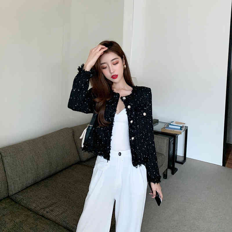 Autumn women Tweed Jacket high quality Small Fragrance Pearl single breasted Women Korean Short Elegant Coat 210519