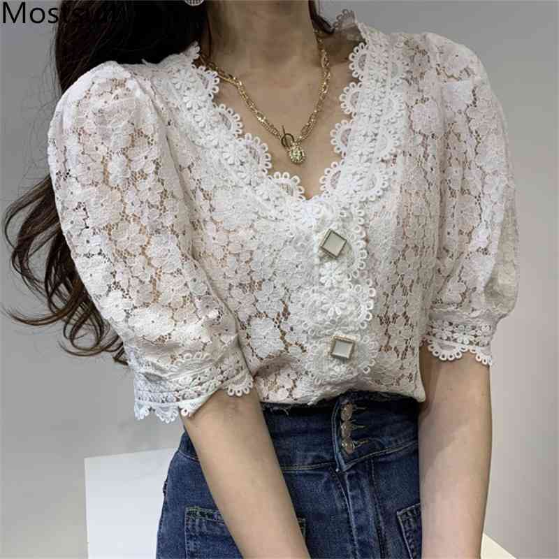 Summer Korean Lace Single-breasted Tops Blouses Women Half Sleeve V-neck Hollow Out Stylish Shirts Vintage Elegant Blusas 210518, Beige
Summer Korean Lace Single-breasted Tops Blouses Women Half Sleeve V-neck Hollow Out Stylish Shirts Vintage Elegant Blusas 210518, Beige