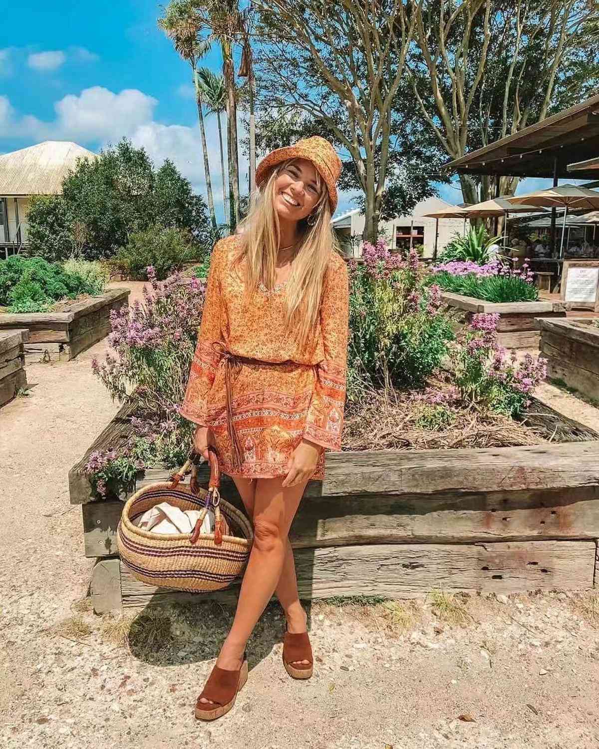 Bohemian Women V neck Location Flower Print Dress Summer Girl's Holiday Flare Long Sleeve Loose Mini Short Dresses Orange 210429