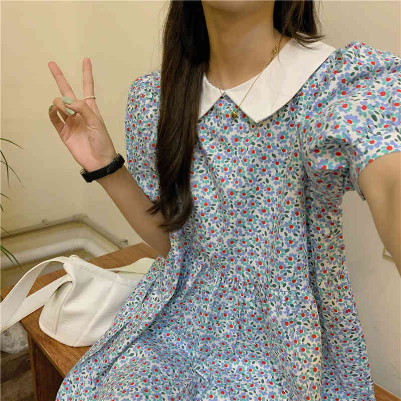 Summer Women Vintage Loose High Waist Dress Elegant Flower Print Doll Collar Sweet Casual Mini 210519