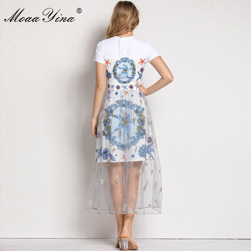 Fashion Dress Summer Women's dress Short sleeve Beaded Starfish Shell Print Mesh Embroidery Sequins Dresses 210524