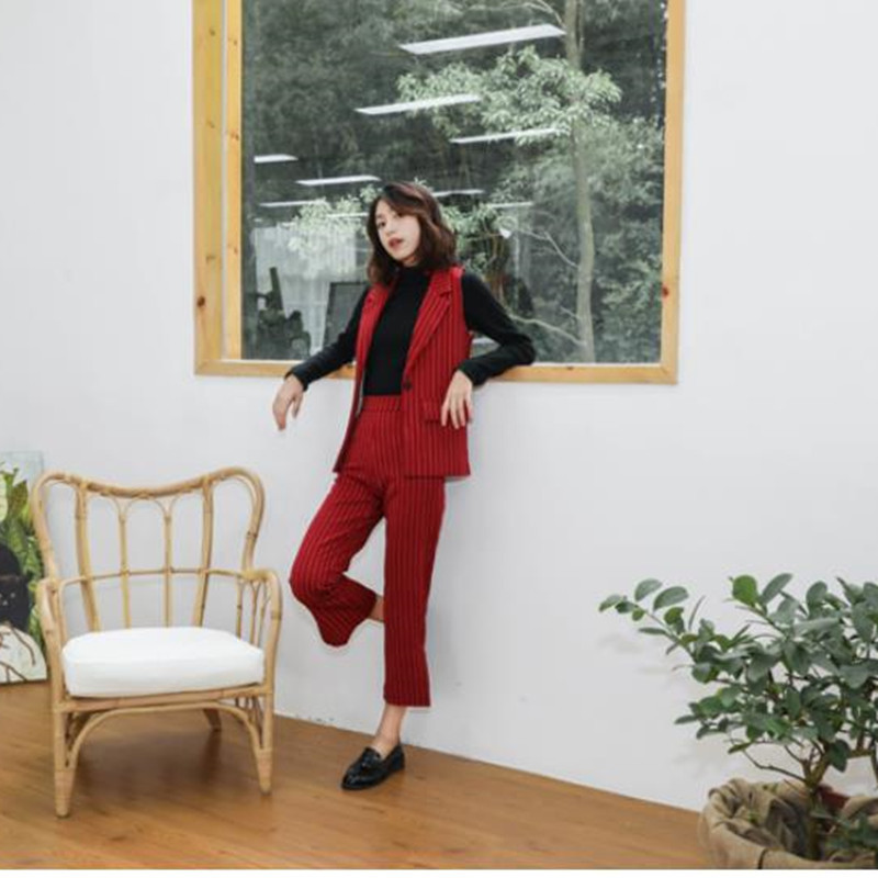 Work Wear Elegant Pants Suit 2 Piece Set Women Striped Vest Blazer & Office Lady Notched Jacket Formal Sets 210421