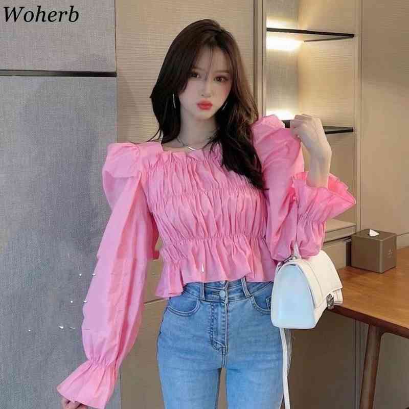 Korean Long Puff Sleeve Slim Crop Top Blouses Women Ruffles Pleated Vintage Blusas Mujer Summer Chic Shirt 210519