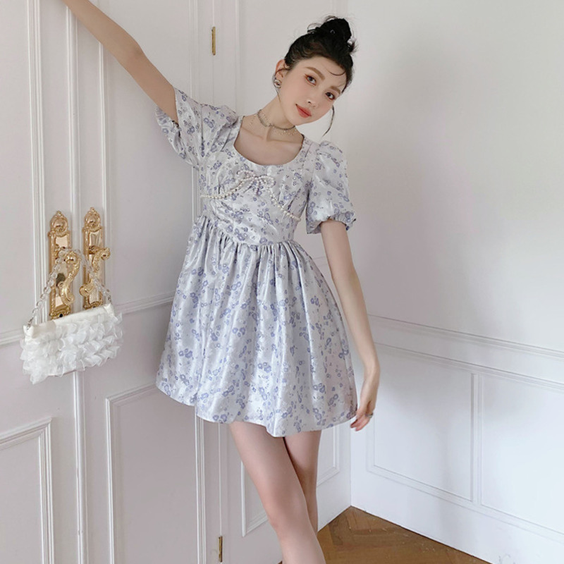 Women Dress Flower Pearl Bow Puff Sleeve Dresses Temperament Fashion Summer Arrivals 2H704 210526