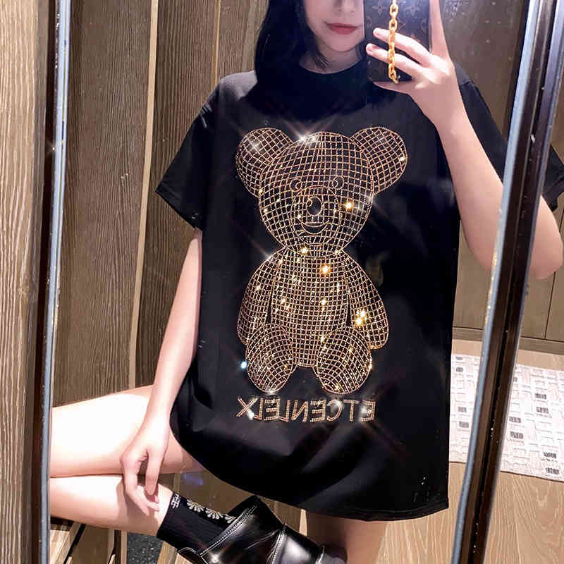 Beading Bear Women T-shirt Harajuku Oversize Short-Sleeved HIp Hop Women Cotton Loose Crystal Maxi Korean Female Clothes 210406