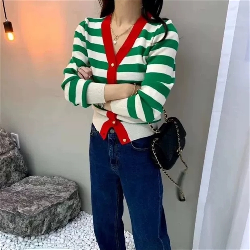 Spring Autumn Fashion Vintage Women Striped Cardigan Long Sleeve V-neck Single-breasted Sweater Ladies Korean 210514