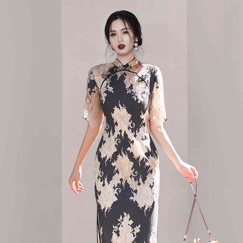 Summer Dress Cheongsam Self-Cultivation Temperament Lace High-End Vintage Elegant Chinese Style 210520
