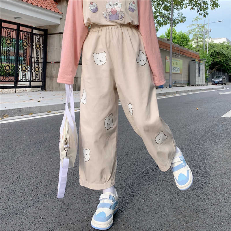 Japanese Kawaii Soft Girl Cute Bear Printing Women Pants Basis Wild High Waist Loose Trousers Elastic Waist Casual Student Pant 211006