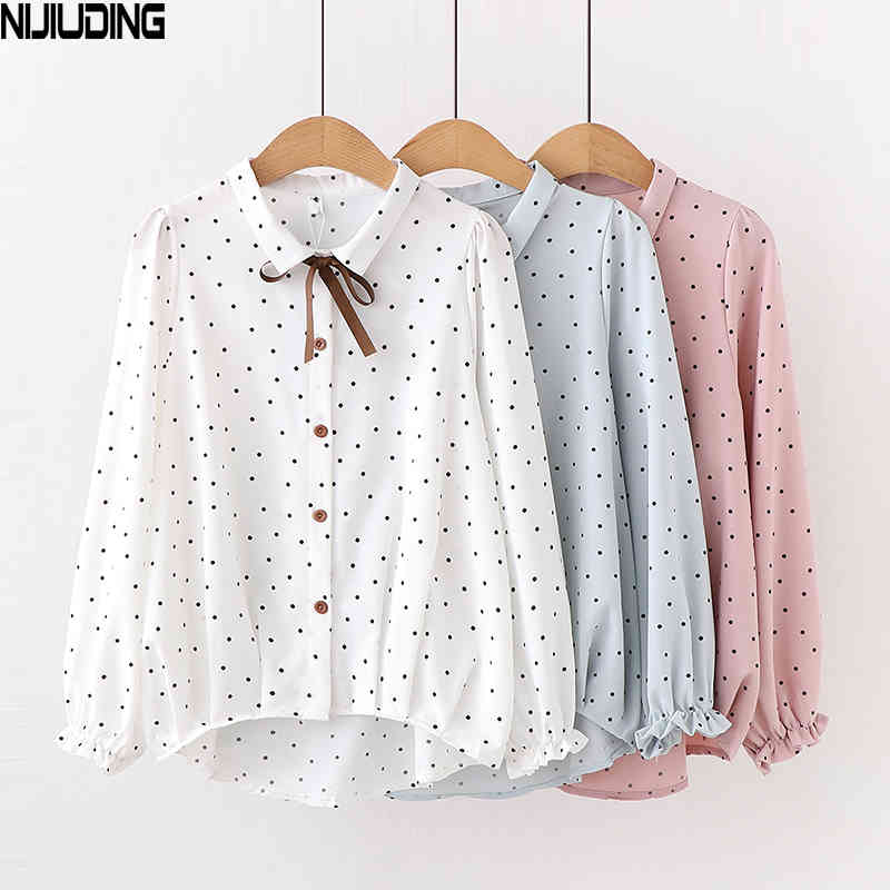 Women Retro Polka Dot Blouses Spring Autumn Bow Collar Long Sleeve Chiffon Shirts Female Single-Breasted Sweet Blusas Tops 210514