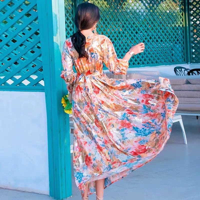 vintage flower embroidery v-neck maxi dress bohemian vocation beach summer high waist dresses women A-line robe majer 210421