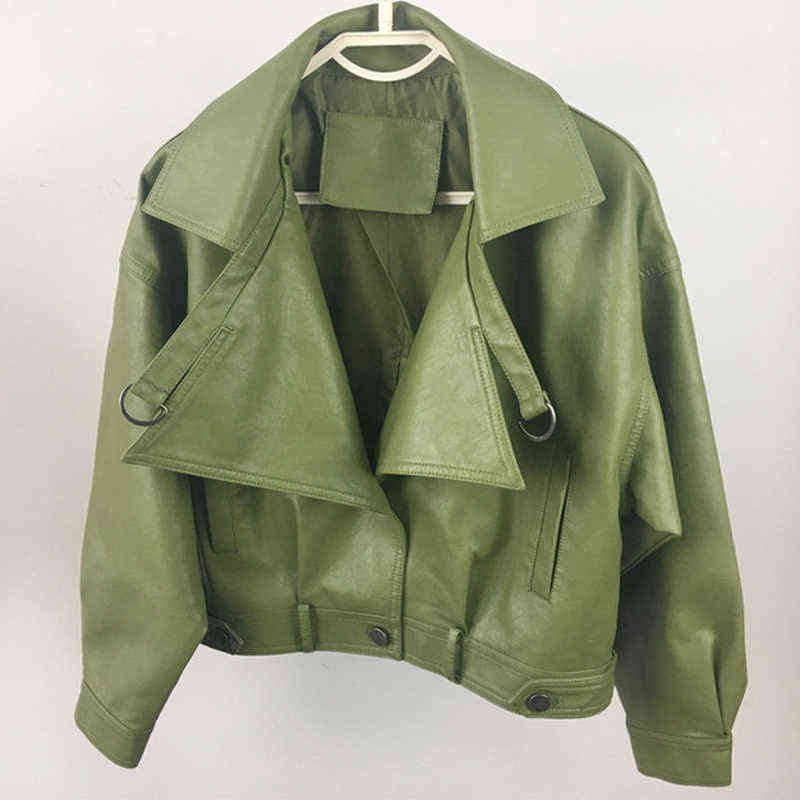 Autumn Faux Leather Jacket Women Loose Turndown Collar Ladies Biker Punk Jackets Single Breasted Motorcycle Leather Coats 211130